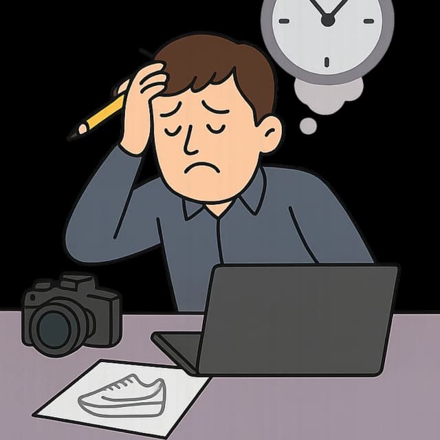 Før Visualify - traditionel produktfotografering workflow kræver fotograf, studie og lang ventetid